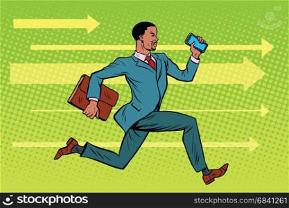 Businessman with a smartphone running fast forward. African American people. Pop art retro vector illustration drawing. Businessman with a smartphone running fast forward