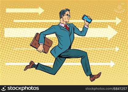 Businessman with a smartphone running fast forward. Pop art retro vector illustration drawing. Businessman with a smartphone running fast forward