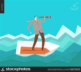 Businessman with a telescope in a boat. Flat vector concept cartoon illustration of a man wearing suit, looking through the telescope, standing in a small boat, surrounded by sharp waves, like graph.. Businessman with a telescope in boat