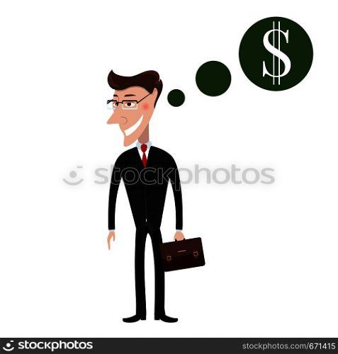 Businessman with bag. Business, success concept. Vector illustration. Man in suit thinking about the money. Businessman with bag. Business, success concept. Vector illustration