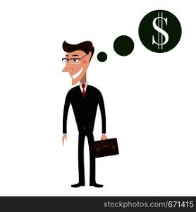 Businessman with bag. Business, success concept. Vector illustration. Man in suit thinking about the money. Businessman with bag. Business, success concept. Vector illustration