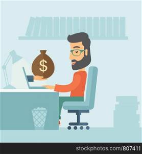 Businessman with beard wearing glasses sitting infront of his table working at a laptop searching and browsing with bag of money on hand inside the office. Business concept. A contemporary style with pastel palette soft blue tinted background. Vector flat design illustration. Square layout. . Businessman and laptop.