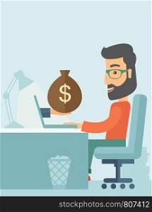 Businessman with beard wearing glasses sitting infront of his table working at a laptop searching and browsing with bag of money on hand inside the office. Business concept. A contemporary style with pastel palette soft blue tinted background. Vector flat design illustration. Vertical layout with text space upper left side. . Businessman and laptop.
