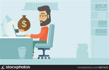 Businessman with beard wearing glasses sitting infront of his table working at a laptop searching and browsing with bag of money on hand inside the office. Business concept. A contemporary style with pastel palette soft blue tinted background. Vector flat design illustration. Horizontal layout.. Businessman and laptop.