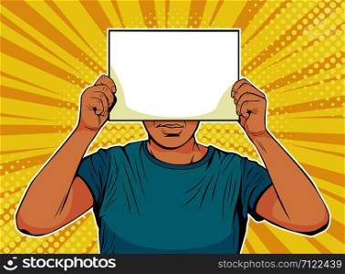 Businessman with blank paper in front of face. Colorful vector illustration in pop art retro comic style.