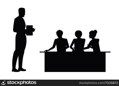 Businessman with book side view and people sitting at desk, listening to him on conference, vector illustration isolated on white background. Businessman with Book Side View and People Sitting