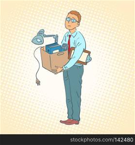 businessman with box moving office. Comic cartoon pop art retro vector illustration drawing. businessman with box moving office
