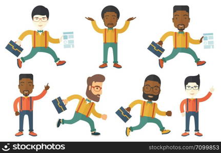Businessman with briefcase and a document running. Smiling businessman running in a hurry. Cheerful businessman running forward. Set of vector flat design illustrations isolated on white background.. Vector set of illustrations with business people.