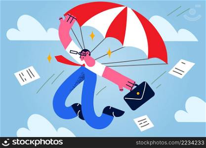 Businessman with briefcase flying on parachute in sky risking for business goal achievement or success. Male employee involved in risky project for aim or target accomplishment. Vector illustration. . Businessman with briefcase fly on parachute