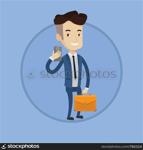 Businessman with briefcase making selfie. Man in suit making selfie with cellphone. Businessman looking at phone and making selfie. Vector flat design illustration in the circle isolated on background. Businessman making selfie vector illustration.