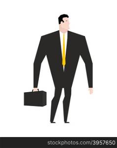 Businessman with briefcase. Manager in black formal suit. Yellow tie. Office plankton. Boss on white background. Male businessman isolated&#xA;