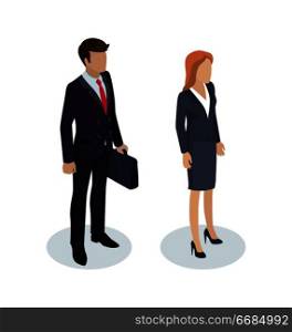 Businessman with briefcase set with working people. Woman wearing skirt and blouse manager and man carrying bag business files 3d isometric vector. Businessman with Briefcase Set Vector Illustration