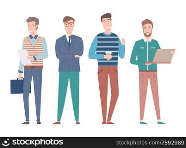 Businessman with briefcase vector, man holding laptop coding on computer, distant worker wearing casual clothing, smiling people men flat style set. People Working as Freelancers, Happy Businessmen