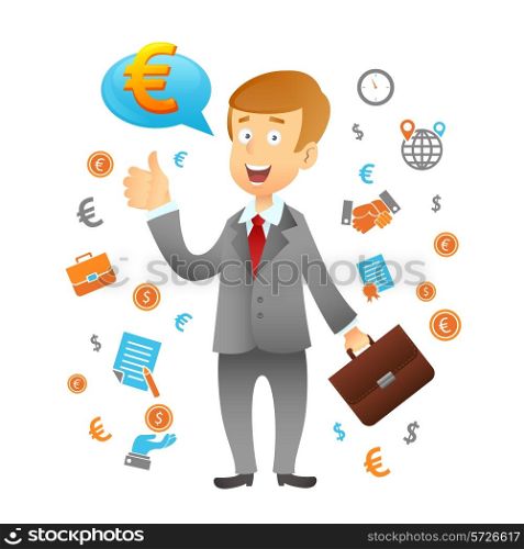Businessman with business management and financial icons set vector illustration