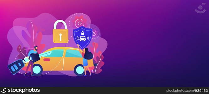 Businessman with car remote key and woman with shield at car with padlock. Car alarm system, anti-theft system, vehicle thefts statistics concept. Header or footer banner template with copy space.. Car alarm system concept banner header.