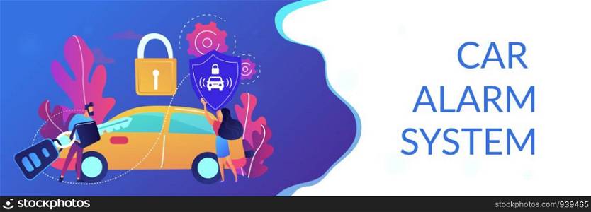 Businessman with car remote key and woman with shield at car with padlock. Car alarm system, anti-theft system, vehicle thefts statistics concept. Header or footer banner template with copy space.. Car alarm system concept banner header.
