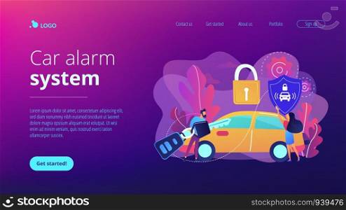 Businessman with car remote key and woman with shield at car with padlock. Car alarm system, anti-theft system, vehicle thefts statistics concept. Website vibrant violet landing web page template.. Car alarm system concept landing page.