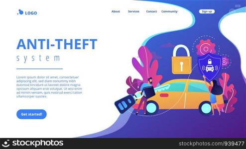 Businessman with car remote key and woman with shield at car with padlock. Car alarm system, anti-theft system, vehicle thefts statistics concept. Website vibrant violet landing web page template.. Car alarm system concept landing page.