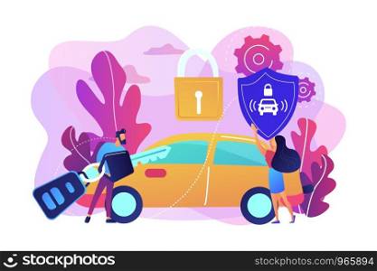 Businessman with car remote key and woman with shield at car with padlock. Car alarm system, anti-theft system, vehicle thefts statistics concept. Bright vibrant violet vector isolated illustration. Car alarm system concept vector illustration.