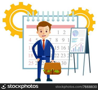 Businessman with case vector, flat style character with cogwheels and calendar. Organization of tasks and working projects, presentation on whiteboard. Calendar and Businessman with Whiteboard Charts