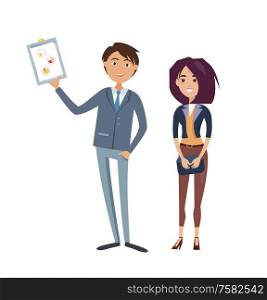 Businessman with chart in hand, pretty business woman vector cartoon characters isolated. Cooperation and teamwork concept, man and lady in formal wear. Businessman with Chart in Hand, Business Woman