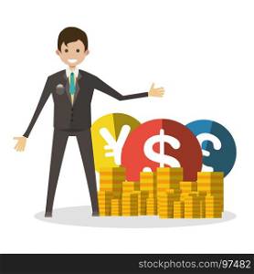 Businessman with coins vector flat character human people isolated finance business