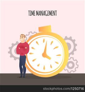 Businessman with Crossed Arms Stand Near Huge Stopwatch and Cogwheels Around. Organization Of Process, Control Happy Man Have Lot of Free Time Flat Vector Illustration. Time Management Inscription.. Businessman Stand Near Stopwatch, Time Management