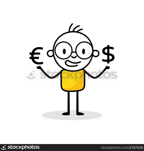 Businessman with euro and dollar sign isolated on white background. Hand drawn doodle line art man. Vector stock illustration.