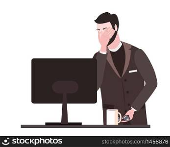 Businessman with facepalm gesture. Headache, disappointment or shame sad stressed face. Businessman with facepalm gesture. Headache, disappointment or shame sad stressed face, worry disappointed expression office desk with computer. Cartoon style vector illustration isolated