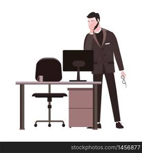 Businessman with facepalm gesture. Headache, disappointment or shame sad stressed face. Businessman with facepalm gesture. Headache, disappointment or shame sad stressed face, worry disappointed expression office desk with computer. Cartoon style vector illustration isolated