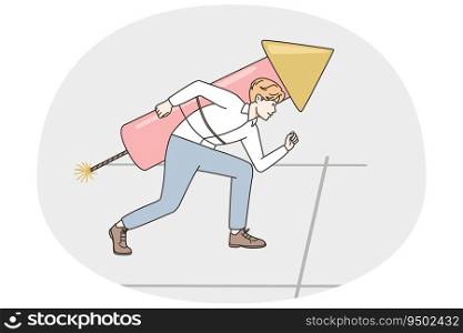 Businessman with firework on back ready to compete on start. Motivated male employee in competition striving for success or leadership. Vector illustration.. Businessman on start striving for success