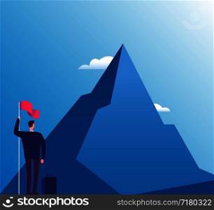 Businessman with flag at mountain. New purpose, success vision and goals achievement, business vector concept. Illustration of businessman purpose target and goal peak. Businessman with flag at mountain. New purpose, success vision and goals achievement, business vector concept