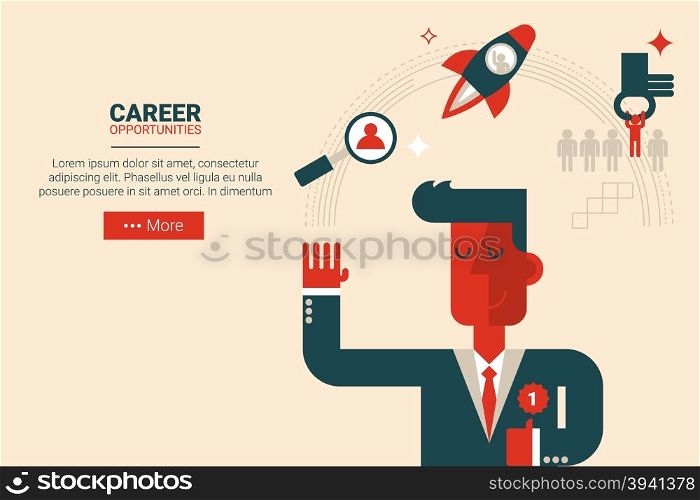Businessman with floating elements in career growth concept, flat design for landing page website or print material