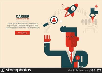 Businessman with floating elements in career growth concept, flat design for landing page website or print material