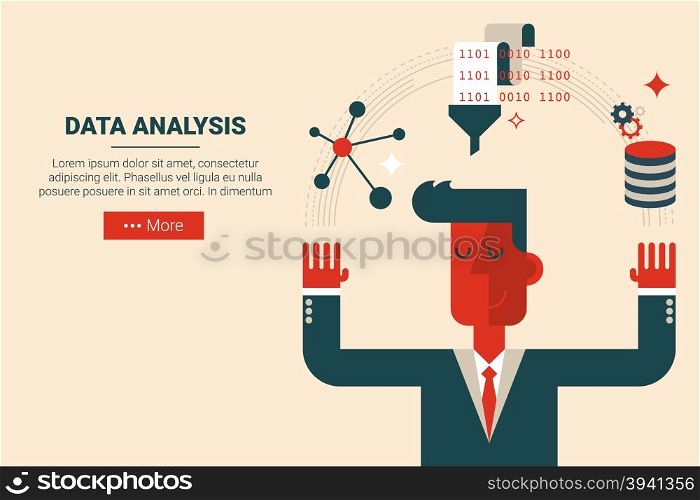 Businessman with floating elements in data analysis research concept, flat design for landing page website or print material