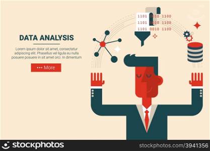 Businessman with floating elements in data analysis research concept, flat design for landing page website or print material