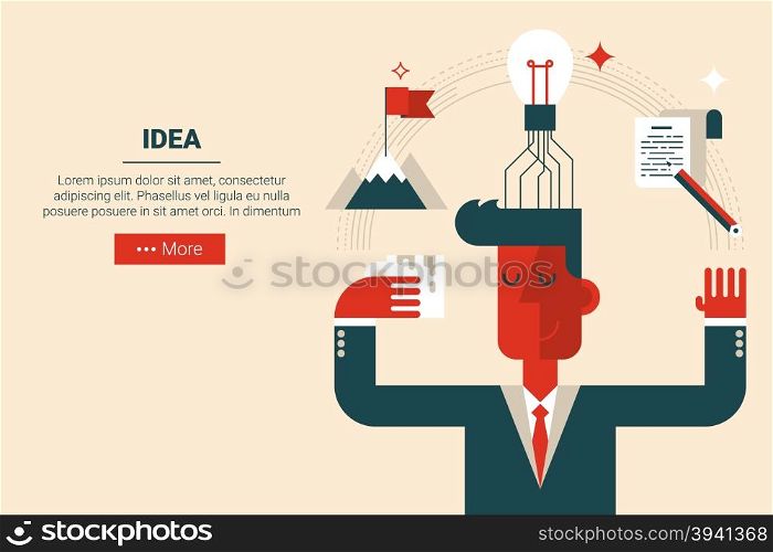 Businessman with floating elements in innovation creative idea concept, flat design for landing page website or print material