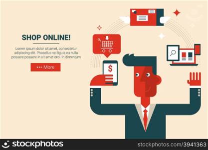 Businessman with floating elements in shop online e-commerce concept, flat design for landing page website or print material