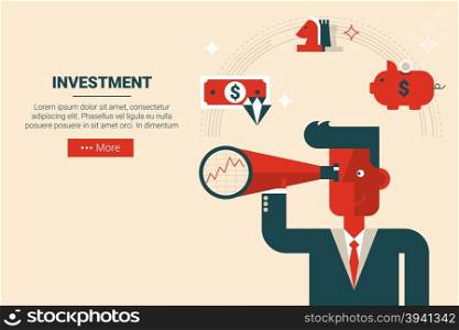 Businessman with floating elements in wise investment strategy concept, flat design for landing page website or print material