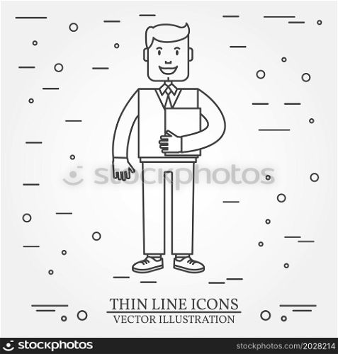 Businessman with folder thin line icon. For web design and application interface, also useful for infographics. Vector dark grey. Vector illustration.