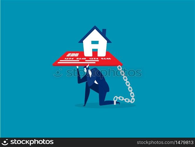 businessman with foot chained to home credit card debt concept vector
