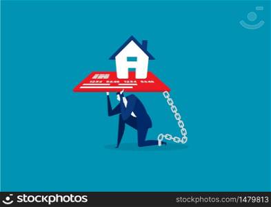 businessman with foot chained to home credit card debt concept vector