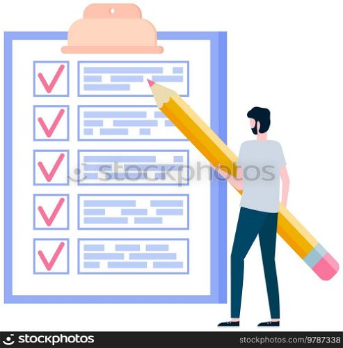Businessman with giant pencils standing nearby marked checklist on clipboard paper. Successful completion of business tasks, time management, scheduling concept. Male character works with to do plan. Businessman with pencils standing near checklist on clipboard. Male character works with to do plan