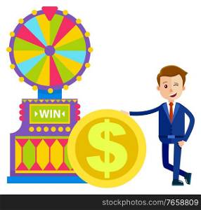Businessman with gold coin vector, isolated person playing in casino. Slot machine with segments and pointer. Gambling fortune wheel spinning flat style. Fortune Wheel Gambler Money Dollar Coin Vector