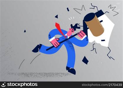 Businessman with hammer feel motivated break wall for career success or gal achievement. Male employee or entrepreneur crack boundaries for new challenge or accomplishment. Vector illustration. . Motivated businessman break wall with hammer