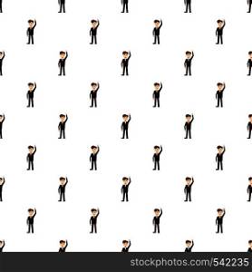 Businessman with hand up full length pattern seamless repeat in cartoon style vector illustration. Businessman with hand up pattern
