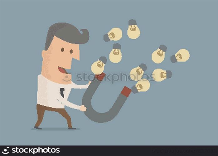 businessman with horseshoe magnet collecting light bulb , eps10 vector format