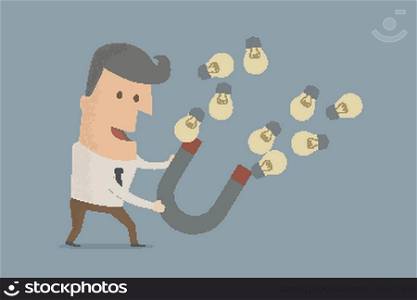 businessman with horseshoe magnet collecting light bulb , eps10 vector format
