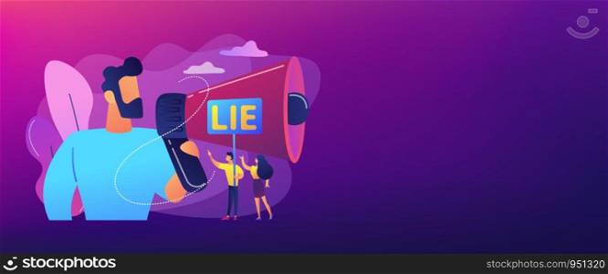 Businessman with huge megaphone cheating and tiny people holding word lie. Cheating in competition, cheater person, game cheats use concept. Header or footer banner template with copy space.. Cheating concept banner header.