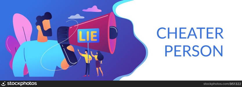 Businessman with huge megaphone cheating and tiny people holding word lie. Cheating in competition, cheater person, game cheats use concept. Header or footer banner template with copy space.. Cheating concept banner header.